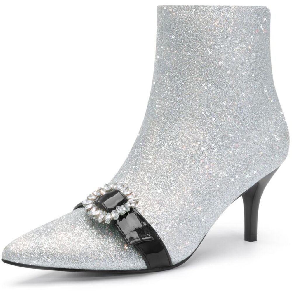 Glitter Boot Rhinestone Stiletto Heel Ankle Silver Boots